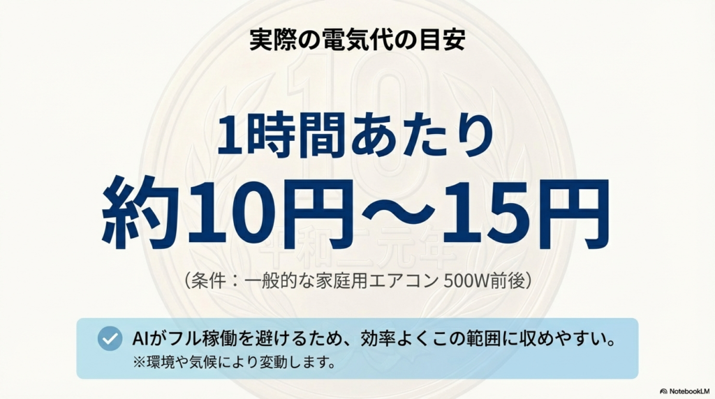 一般的な家庭用エアコンでのAI快適運転時の電気代が約10円〜15円である目安