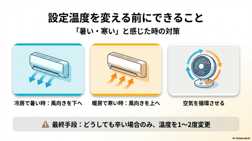 暑い時は風向きを下へ寒い時は上へ調整し空気を循環させることで温度変更を避ける対策