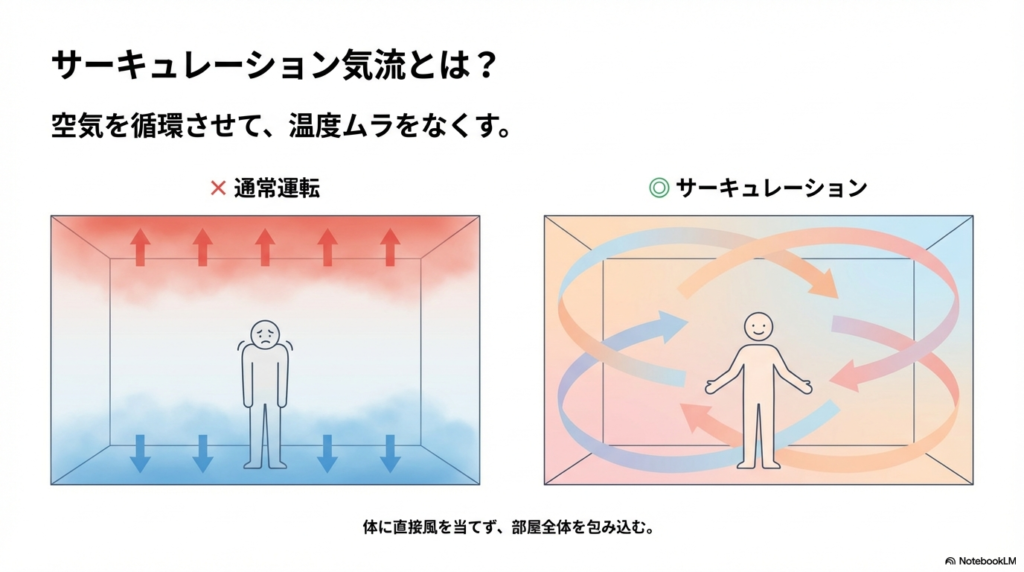 エアコンの通常運転とサーキュレーション気流の比較図。空気を循環させて温度ムラをなくす仕組みの解説