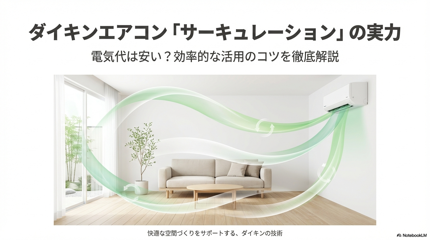 部屋全体に快適な風を届けるダイキンエアコンのサーキュレーション気流のイメージイラスト