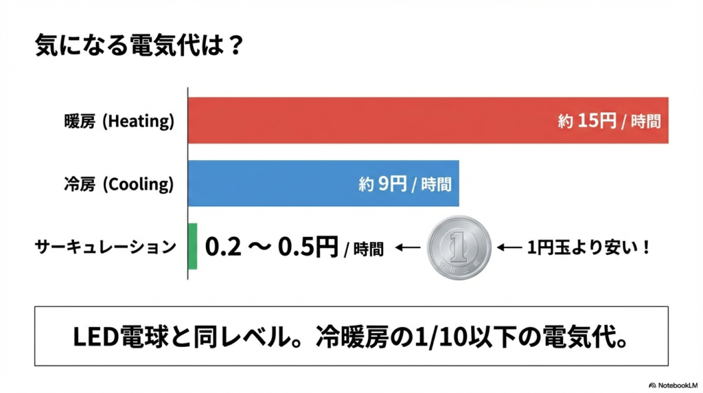 暖房約15円、冷房約9円に対し、サーキュレーションは0.2〜0.5円と圧倒的に安いことを示す電気代比較グラフ