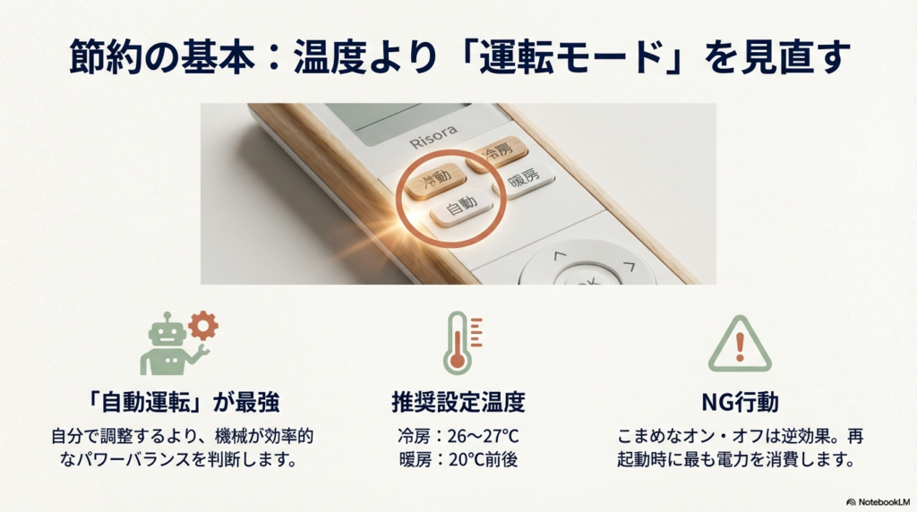 節約の基本は温度より運転モード。ダイキンリソラの自動運転が最強である理由と推奨設定温度の解説。