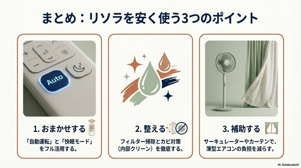 リソラを安く使うためのまとめ。おまかせ運転、フィルター掃除、サーキュレーター補助の3点を解説したスライド。