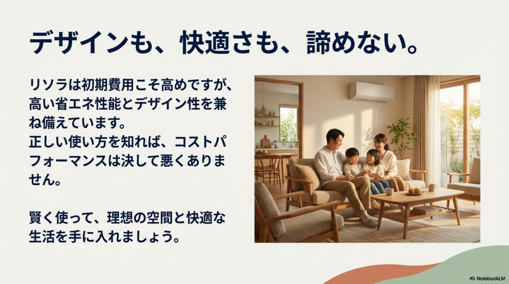 リソラは初期費用が高めだが、高い省エネ性能とデザイン性を兼ね備えていることを説明する家族のイメージ画像。