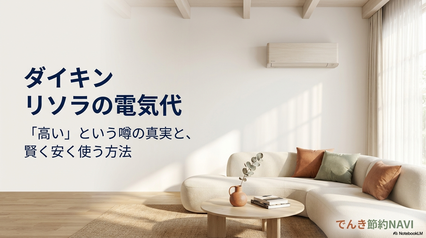 ダイキンリソラの電気代が高いという噂の真実と、賢く安く使う方法を解説したスライドの表紙画像。