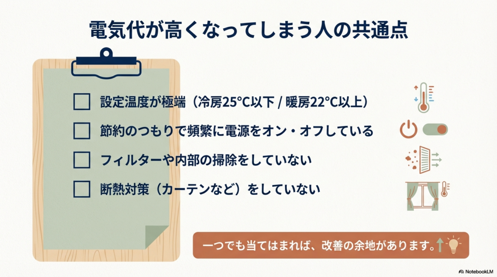 設定温度が極端、頻繁なオンオフ、掃除不足、断熱対策不足など、電気代が高くなる原因のチェックリスト。