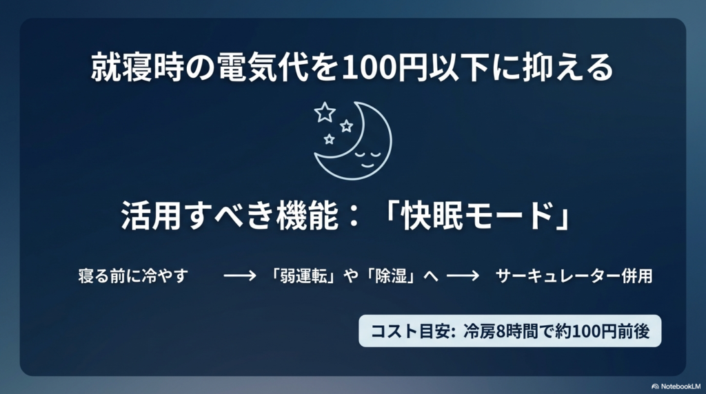 就寝時の電気代を100円以下に抑える方法。快眠モードの活用やサーキュレーターとの併用についての解説図。