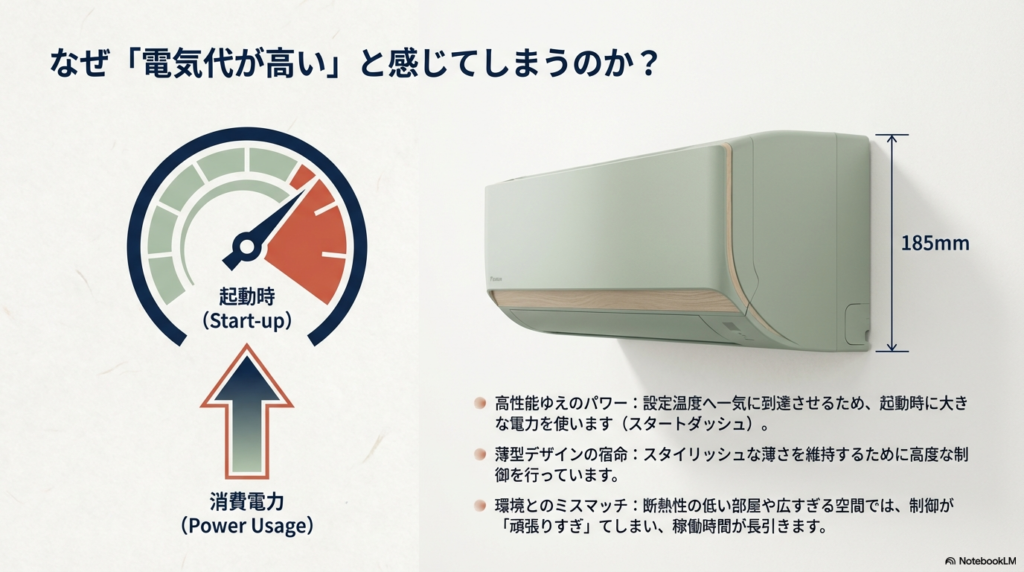 リソラの電気代が高い理由。起動時の消費電力、薄型デザインの制御、環境とのミスマッチについて解説した図。
