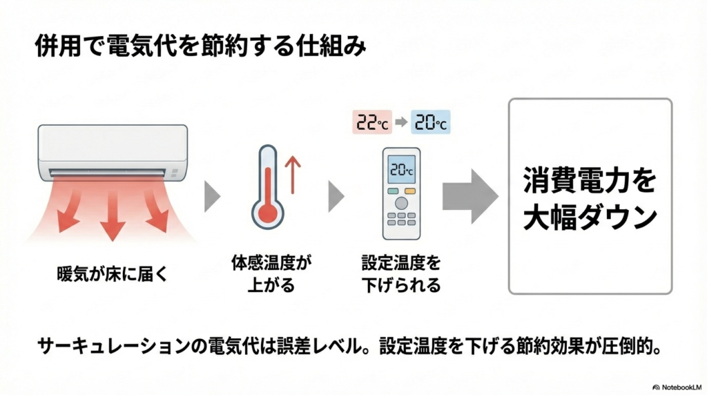 サーキュレーション併用で暖気を床に届け、設定温度を22℃から20℃に下げて電気代を節約する仕組みの図解