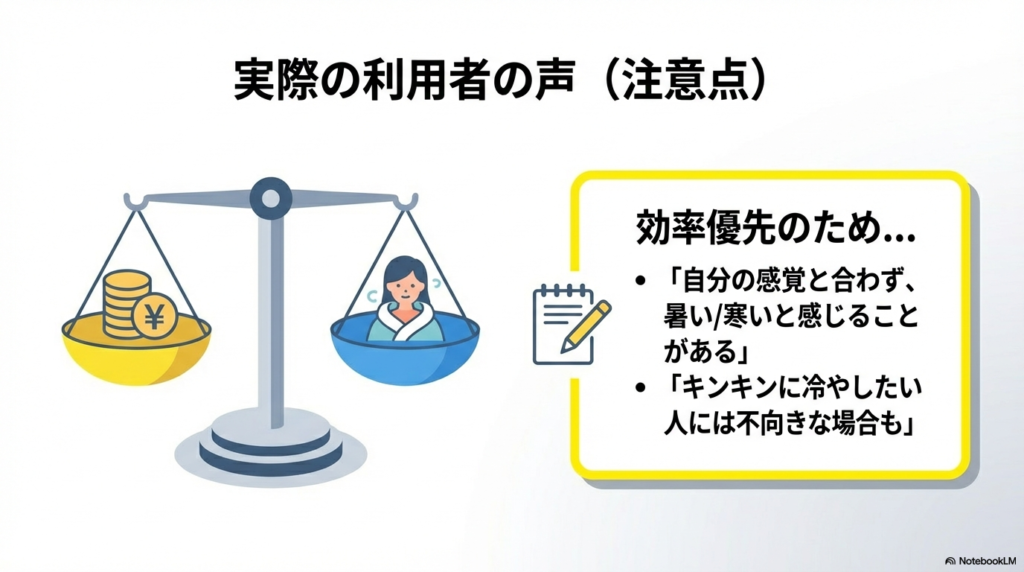 効率優先のため自分の感覚と合わなかったりキンキンに冷やしたい人には不向きな場合があるという利用者の声