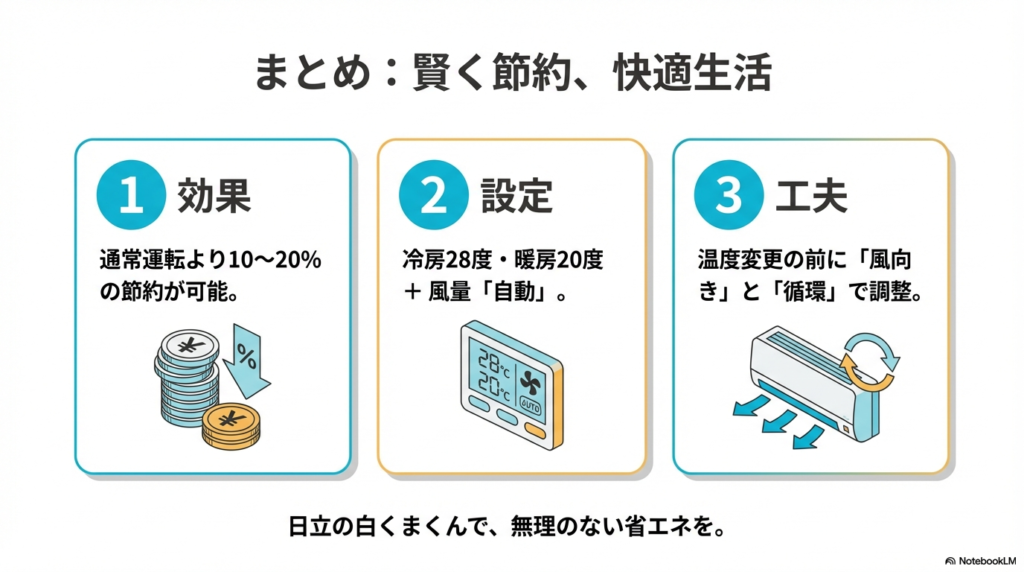 通常運転より節約が可能になる効果や最適な設定温度と風向き調整などの工夫ポイントのまとめ