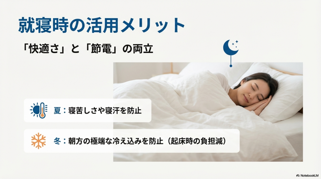 夏と冬の就寝時に室温パトロールを使うことで得られる快適さと節電効果の解説