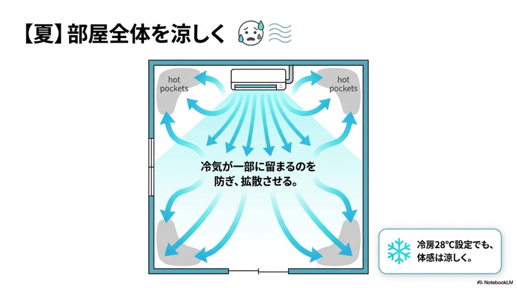 冷房の冷気が一部に留まるのを防ぎ、部屋全体に拡散させる夏のサーキュレーション活用図解