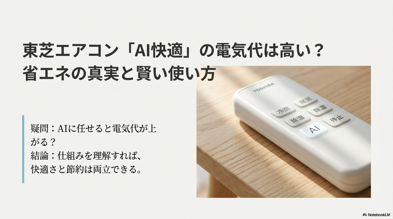 東芝エアコンのリモコン画像とAI快適運転の電気代についての疑問と結論をまとめた表紙