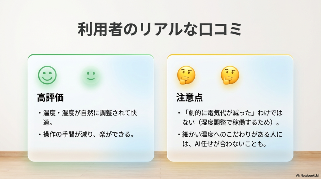 温度や湿度の自動調整に対する高評価と電気代に関する注意点の口コミまとめ
