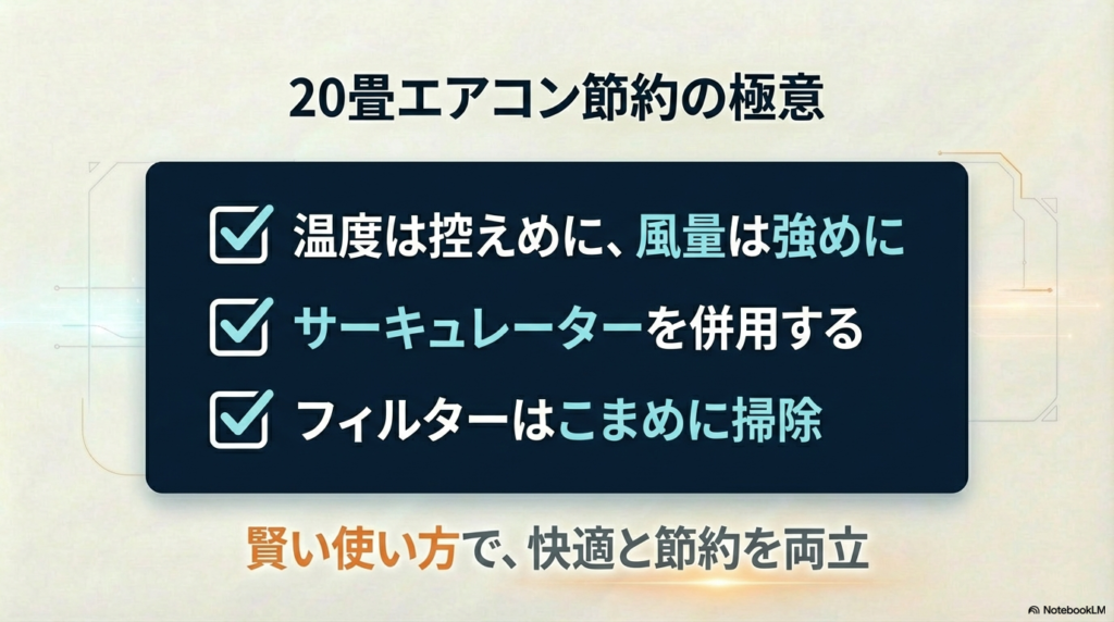 20畳エアコンの電気代を節約するための重要ポイントチェックリスト