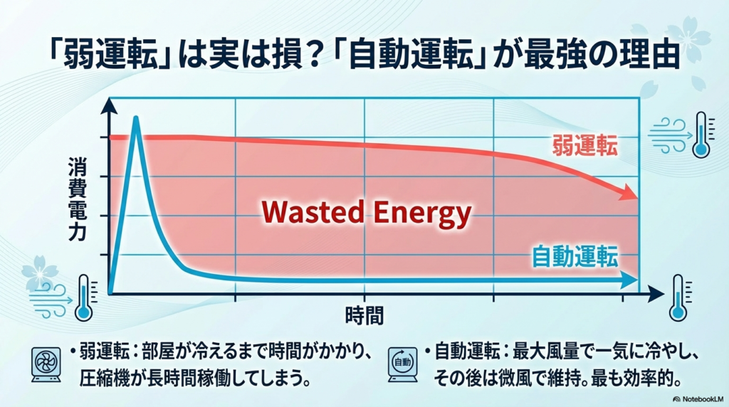 エアコンの弱運転と自動運転の消費電力推移グラフ。自動運転の方が効率的に室温を下げ、無駄なエネルギーを使わないことを示す図
