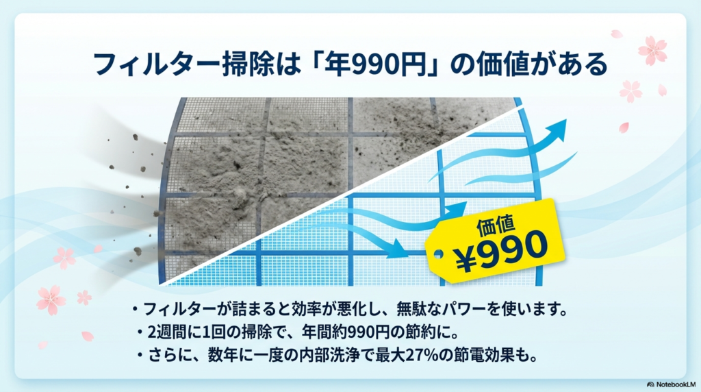 汚れたエアコンフィルターと掃除後の空気の流れ。2週間に1回の掃除で年間990円の価値があることを示す図