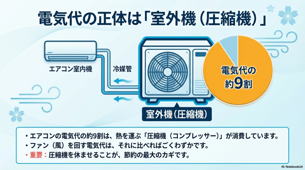 エアコンの電気代の内訳グラフ。室外機の圧縮機が約9割を占め、室内機のファンはわずかであることを示す図