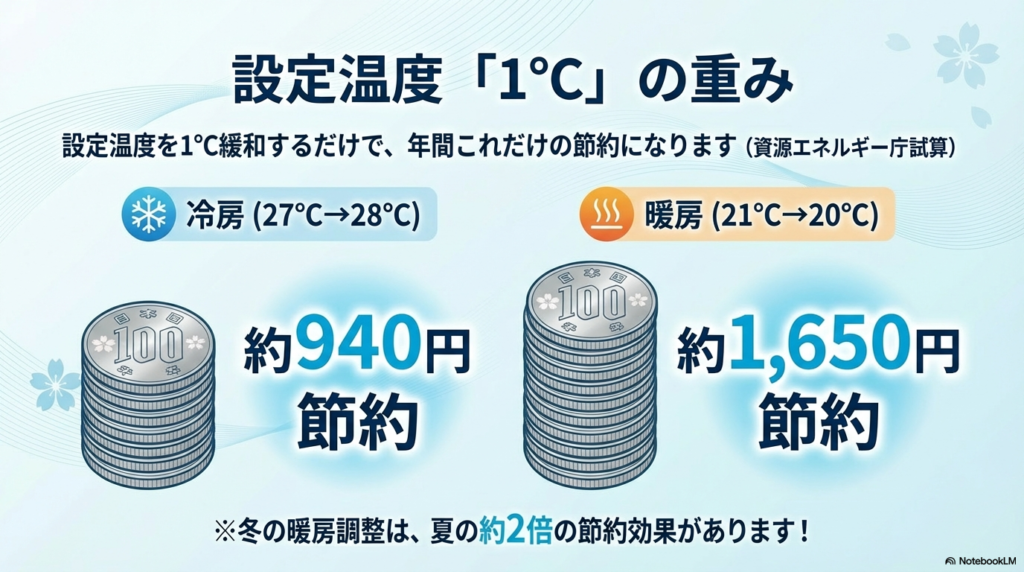 エアコンの設定温度を1℃変更した場合の年間節約額。冷房で約940円、暖房で約1,650円の節約になるイメージ図