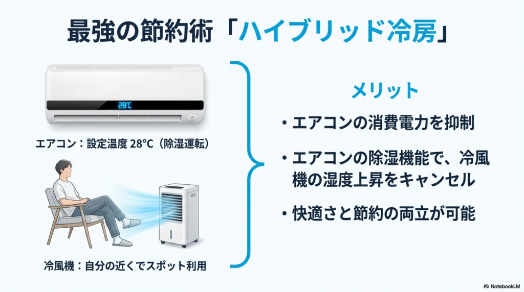 エアコンを28度設定で除湿運転し、自分の周りだけ冷風機で冷やすことで、快適さと節約を両立する使い方のイラスト。