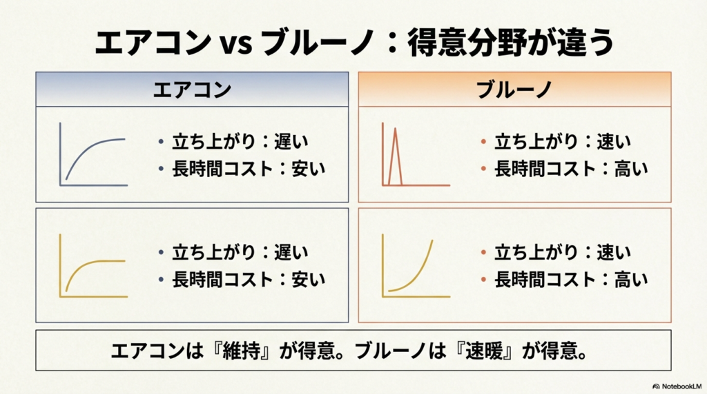 エアコンとブルーノカーボンヒーターの立ち上がり速度と長時間コストの比較表
