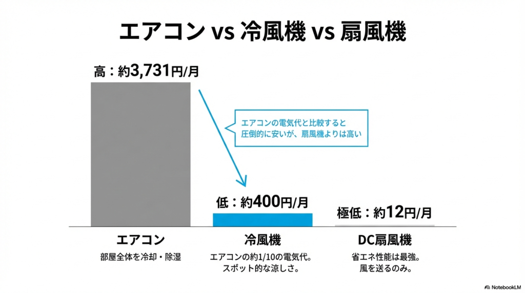 1ヶ月の電気代比較グラフ。エアコン約3,731円に対し、冷風機は約400円、DC扇風機は約12円であることを示す比較図。