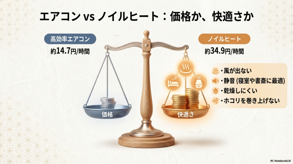 電気代が安い高効率エアコンと静音性や乾燥しにくさなどの快適性が高いノイルヒートの比較天秤イラスト