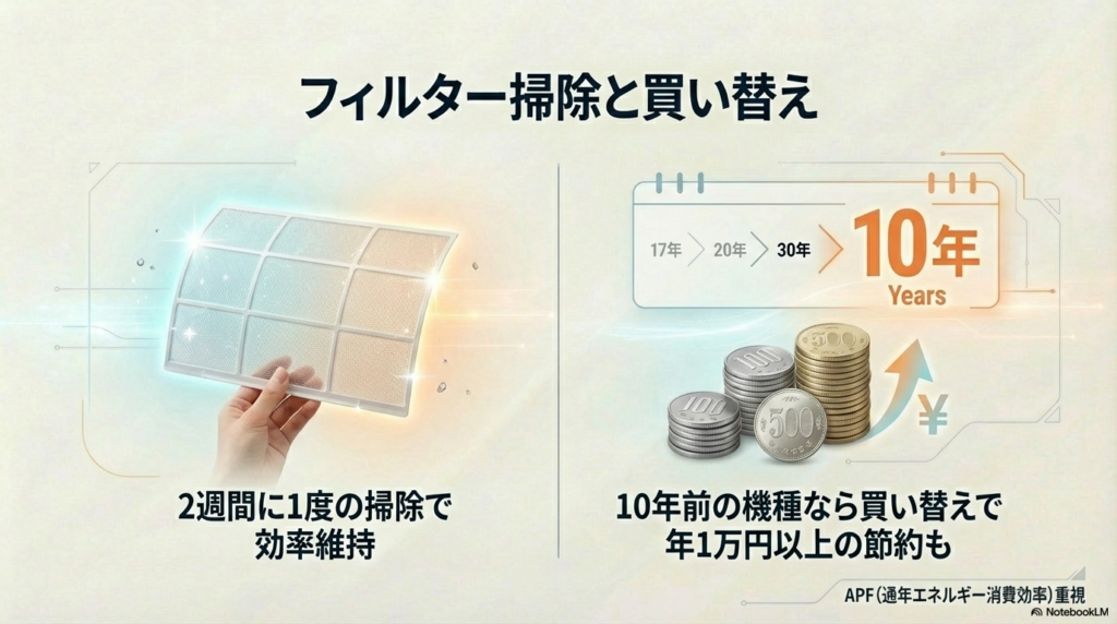 10年前の機種からの買い替えや定期的なフィルター掃除による節約額