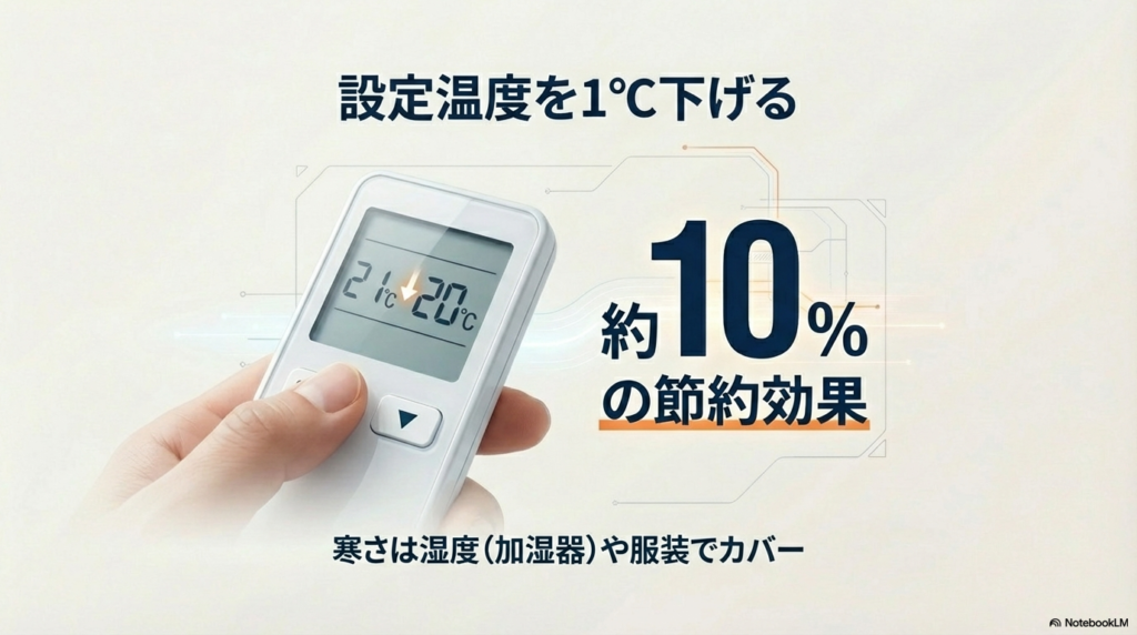 エアコンの設定温度を1度下げると約10%の節約になるイメージ