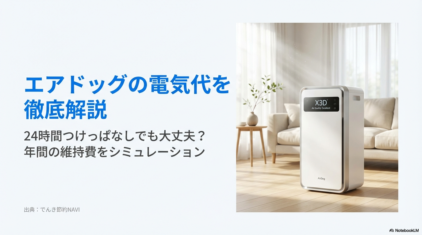 エアドッグの電気代は高いのか？24時間つけっぱなしにした場合の年間維持費を徹底解説したスライドの表紙。