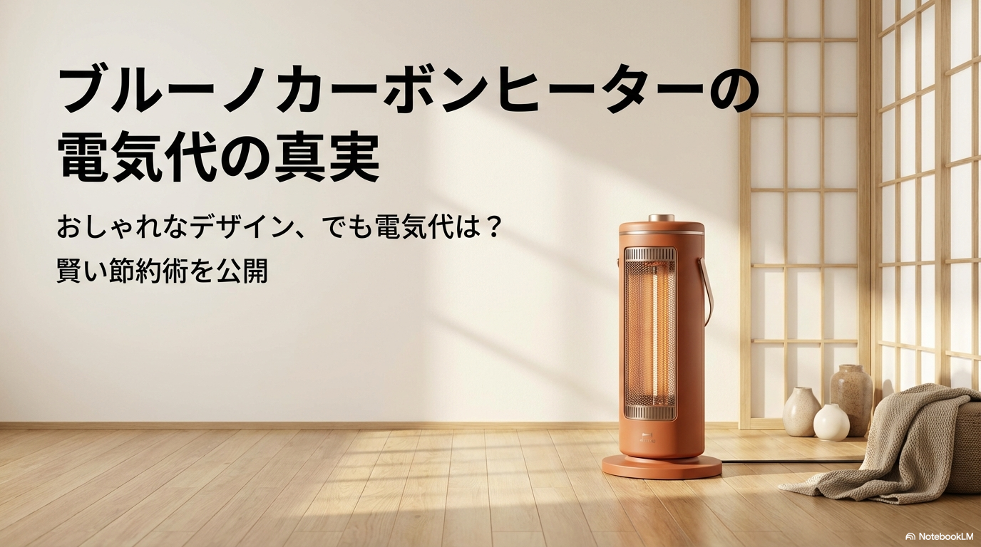 ブルーノカーボンヒーターのイラストと電気代の真実というタイトル文字