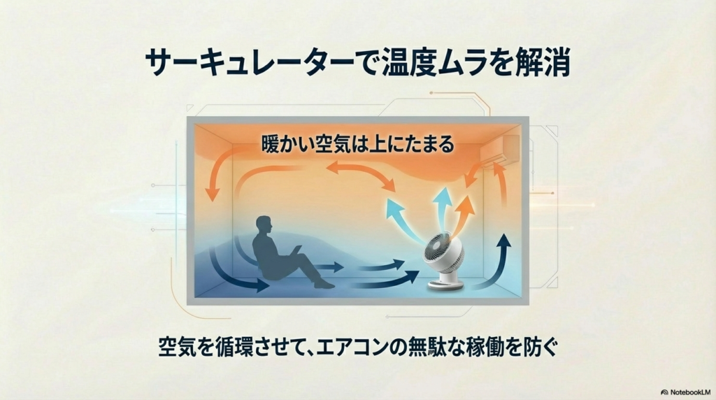 サーキュレーターで暖かい空気を循環させてエアコン効率を上げる図