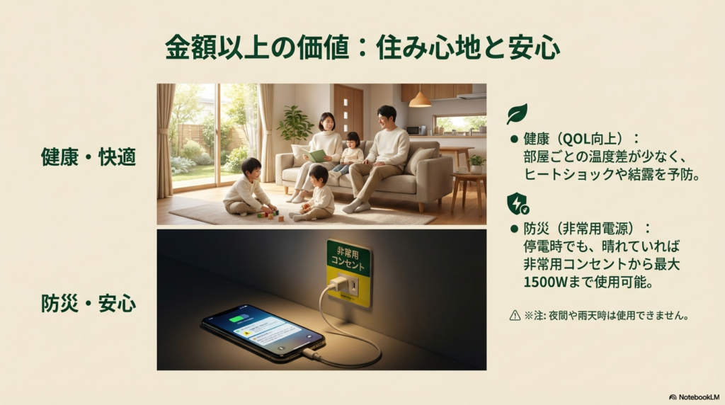 健康・快適な暮らしと防災機能 シャーメゾンZEHのメリット。快適なリビングでの家族団欒と災害時に役立つ非常用コンセントの利用イメージ