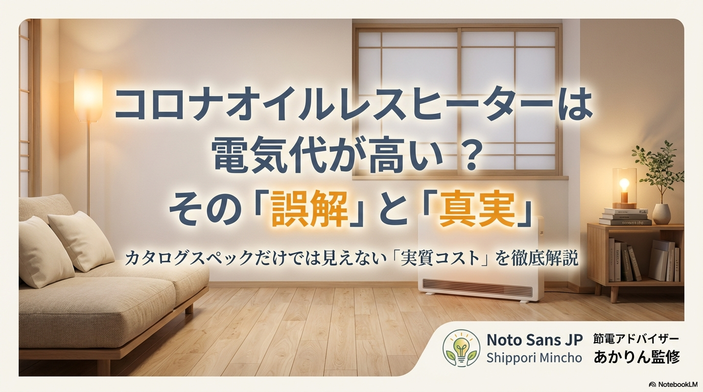 コロナオイルレスヒーターの電気代が高いという誤解とカタログスペックでは見えない実質コストについての解説スライド表紙