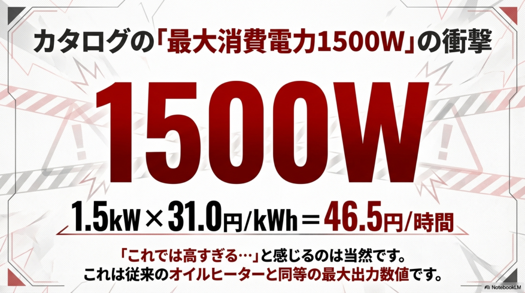 コロナオイルレスヒーターの最大消費電力1500Wに基づいた1時間あたり46.5円の電気代計算式