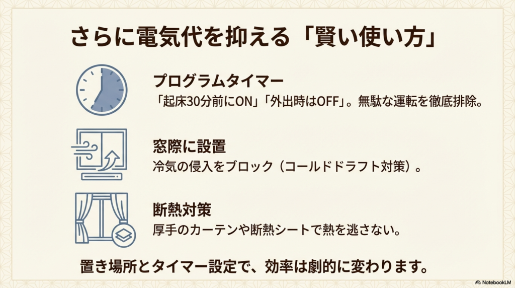 プログラムタイマーの活用、窓際への設置、断熱対策によるコロナオイルレスヒーターの電気代節約テクニック