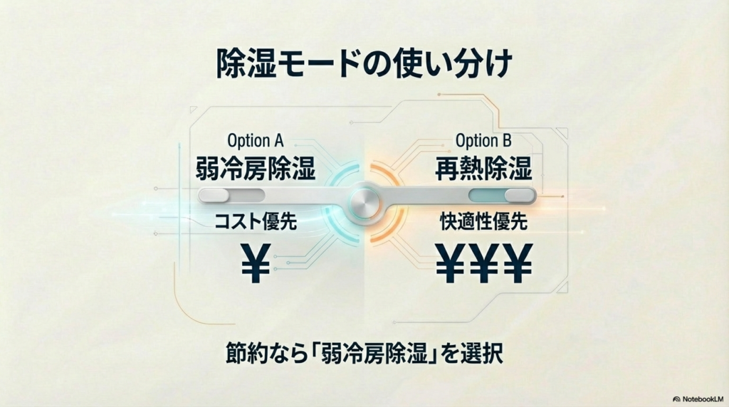 コスト優先の弱冷房除湿と快適性優先の再熱除湿の比較