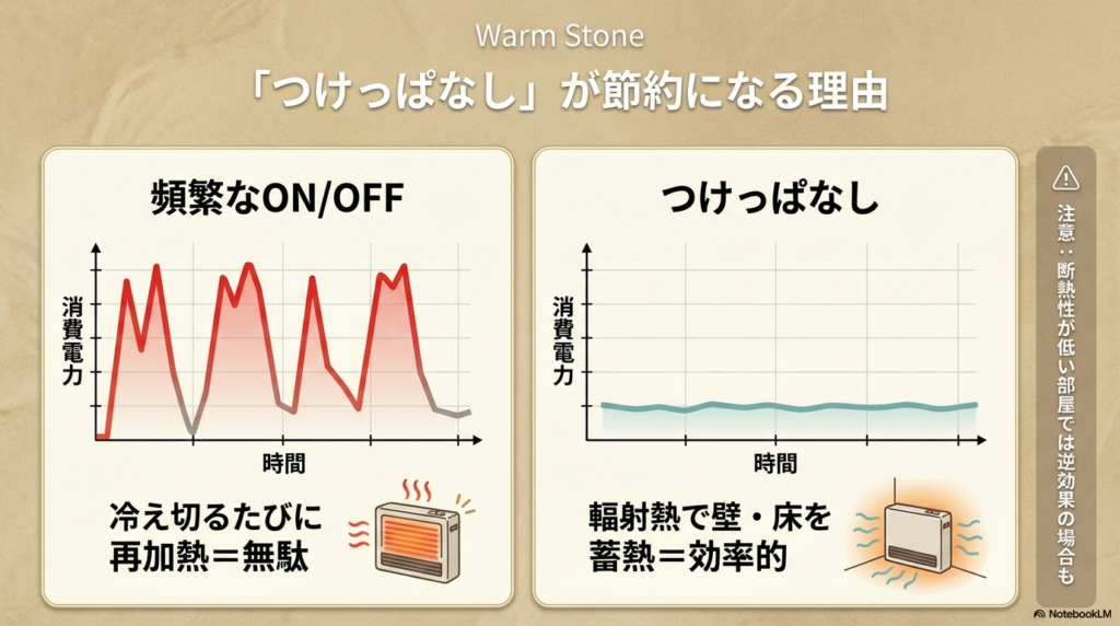 頻繁なON/OFFとつけっぱなし運転の電力消費イメージの比較図。輻射熱で壁や床に蓄熱することで効率的になり、再加熱の無駄を防ぐ仕組みを解説。
