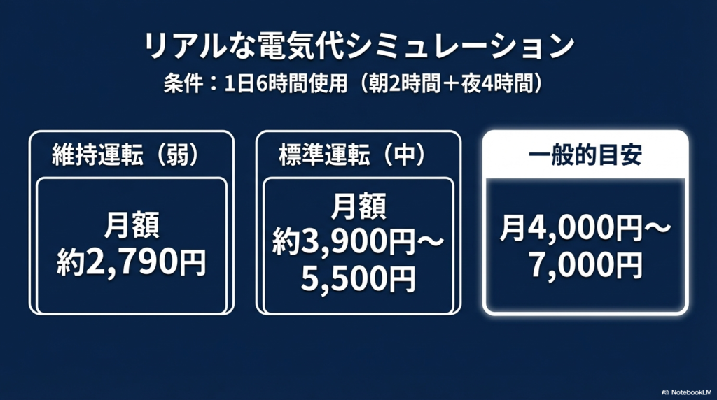 1日6時間使用（朝2時間＋夜4時間）を条件とした電気代の目安。維持運転（弱）なら月額約2,790円、標準運転（中）なら月額約3,900円〜5,500円という試算結果。
