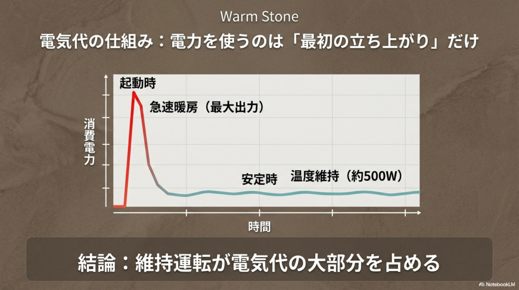 消費電力のグラフ図。起動時の急速暖房（最大出力）と、安定時の温度維持（約500W）の違いを示し、維持運転が電気代の大部分を占める仕組みを解説。
