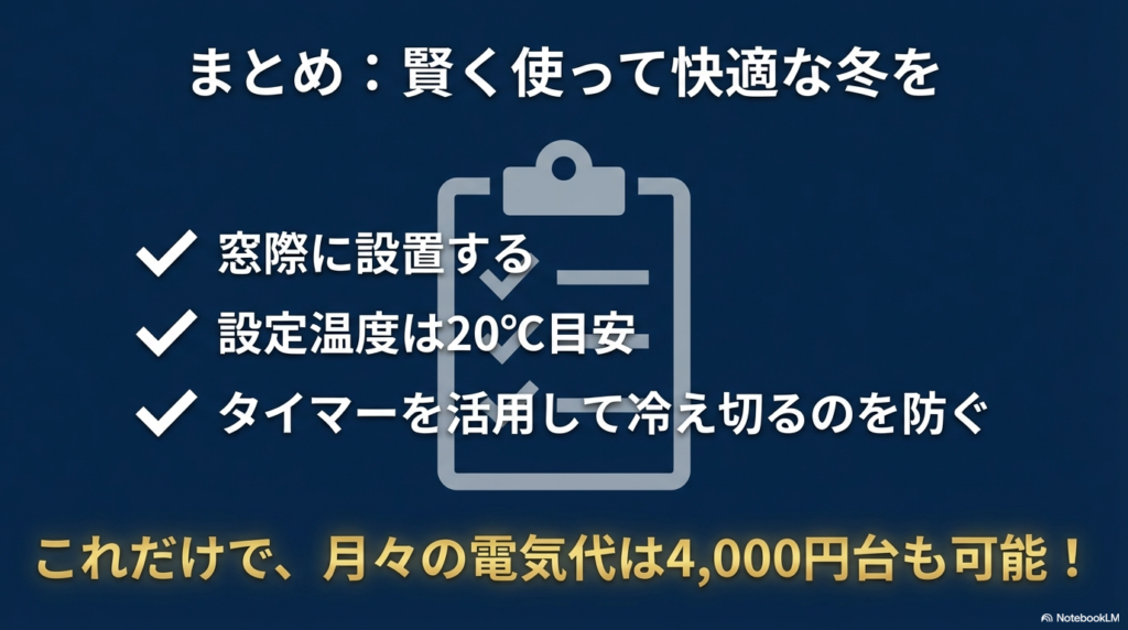 快適な冬を過ごすためのまとめ。窓際設置、設定温度20℃目安、タイマー活用の3点を実践することで、月々の電気代4,000円台も可能であるという結論。