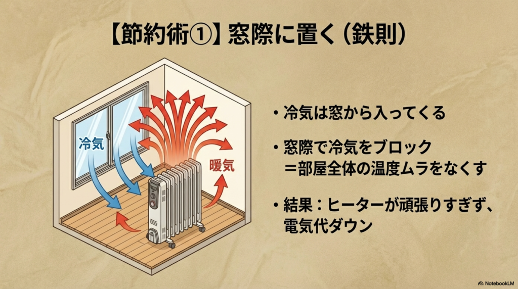 窓際設置の鉄則を図解。窓から入る冷気をヒーターの暖気でブロックし、部屋全体の温度ムラをなくすことで電気代を下げる仕組み。