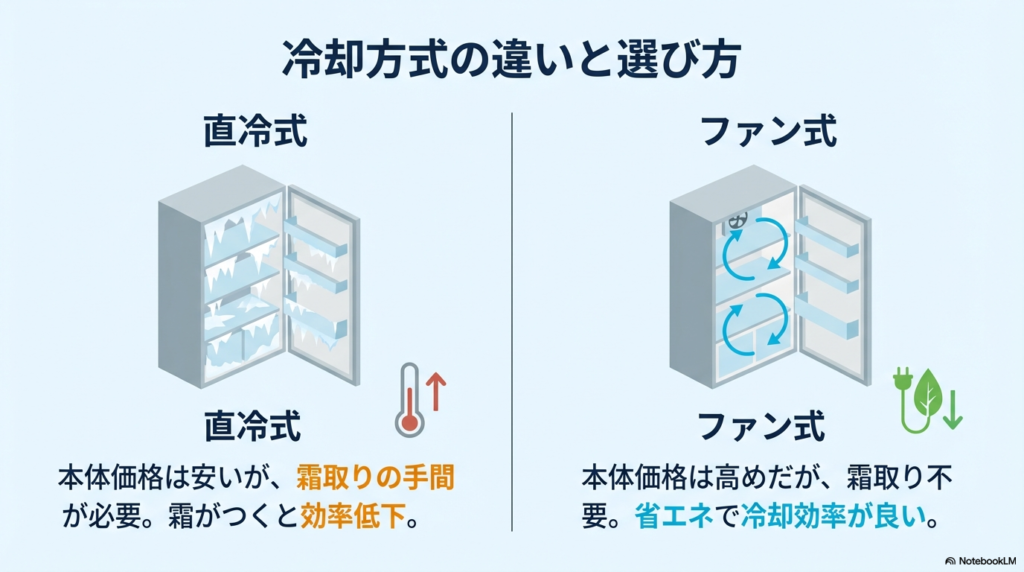 冷蔵庫の冷却方式の比較図。直冷式は安価だが霜取りが必要、ファン式は高価だが霜取り不要で省エネ効率が良いことを解説したイラスト。