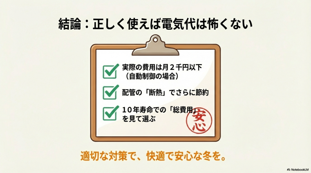 実際の費用は月2千円以下、断熱と適切な製品選びで安心というまとめチェックリスト