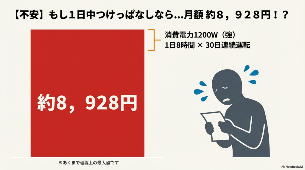 ドレンヒーターを1日中つけっぱなしにした場合の月額電気代は約8,928円という最大値シミュレーション