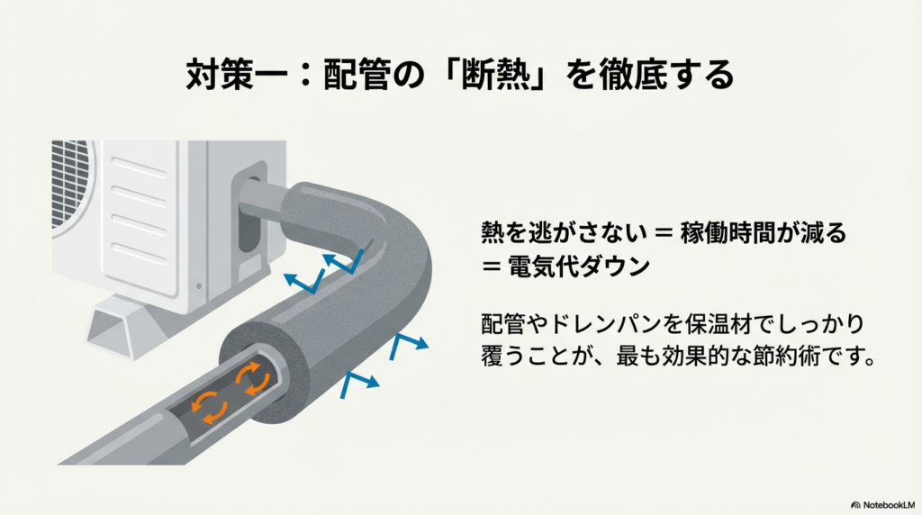 配管やドレンパンを保温材で覆い熱を逃がさないことで電気代を削減するイメージ