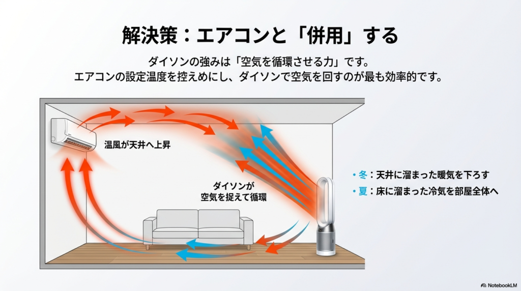 エアコンの温風を循環させるダイソンの使い方。冬は天井の暖気を下ろし、夏は床の冷気を部屋全体へ回す空気循環のイメージ図。