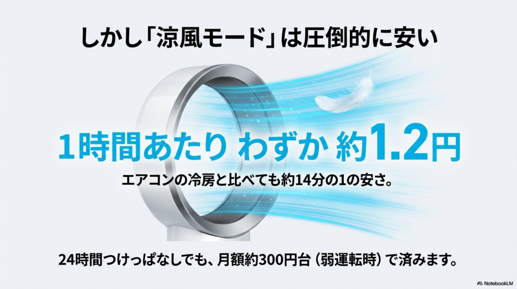 ダイソンの涼風モードは1時間あたり約1.2円。エアコン冷房と比較しても約14分の1の安さであることを示すスライド。