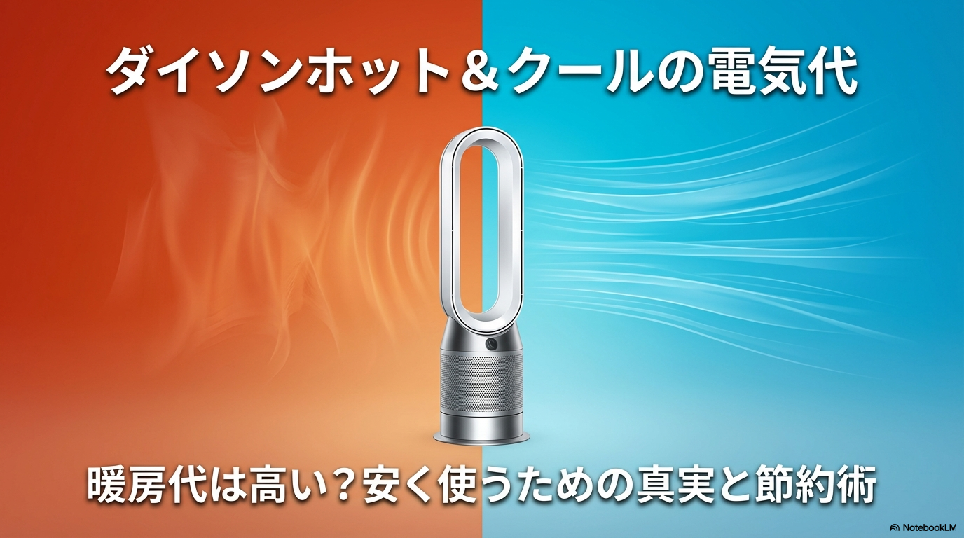 ダイソンホット&クールの電気代は高いのか？暖房代の真実と安く使うための節約術を解説するスライドの表紙。